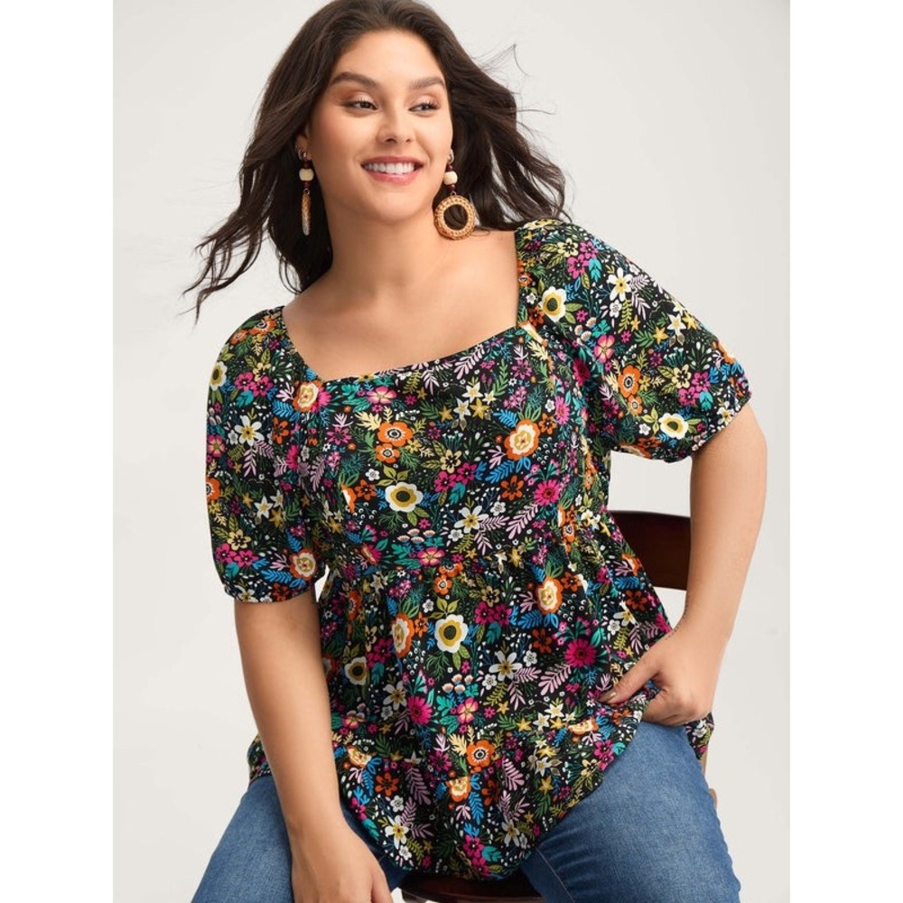 BloomChic Floral Square Neck Puff Sleeve Blouse Black Plus Size 18-20 NEW Preppy
